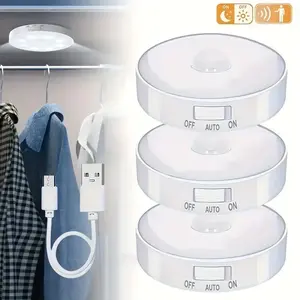 3 / 6 Pcs Round PIR Motion Sensor LED Night Light, Motion Sensor Lamp, LED Night Light with Human Motion Induction, 3 Modes - Auto/On/Off, White & Warm White, for Hallway, Closet, Bedroom, Bedside and Stairs