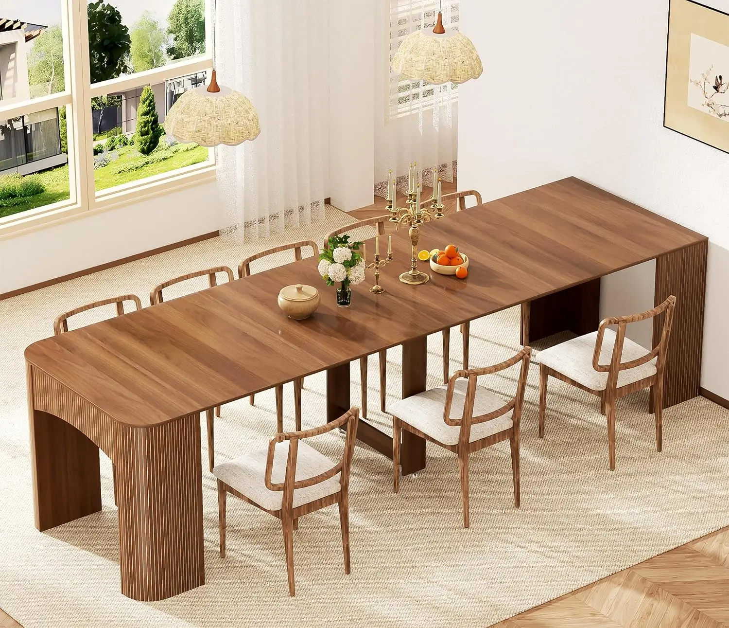 Farmhouse Wooden Rectangular Dining Table with Extensible Panels, 23.6"-118.1" Extendable for 2-12 People, Medium-Density Fiberboard Construction, Indoor Furniture