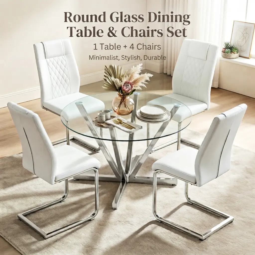 5-Piece 45.27" Round Glass Dining Table Set with 4 PU Leather Chairs - Set of 4 Space-Saving White&Silver Indoor Furniture for Apartment, Dining Room, Dining Table Set Of 4 modern kitchen easy clean