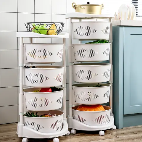 3-Layer Rotatable Adjustable Organiser - PP+Steel Multi-Compartment Rotation Utility Cart with Wheels, Basket, 50kg Max Load, Food & Beverage Storage Rack, Home Supplies Holder