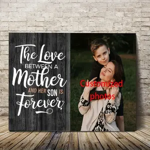 Personalized Mother-Son/Daughter Photo & Name Custom Family Portrait - Framed Canvas Painting with Wooden Texture Background, Ready-to-Hang Vertical Wall Art Suitable for Birthdays, Mother's Day, Christmas, Halloween Gift - Upload Your