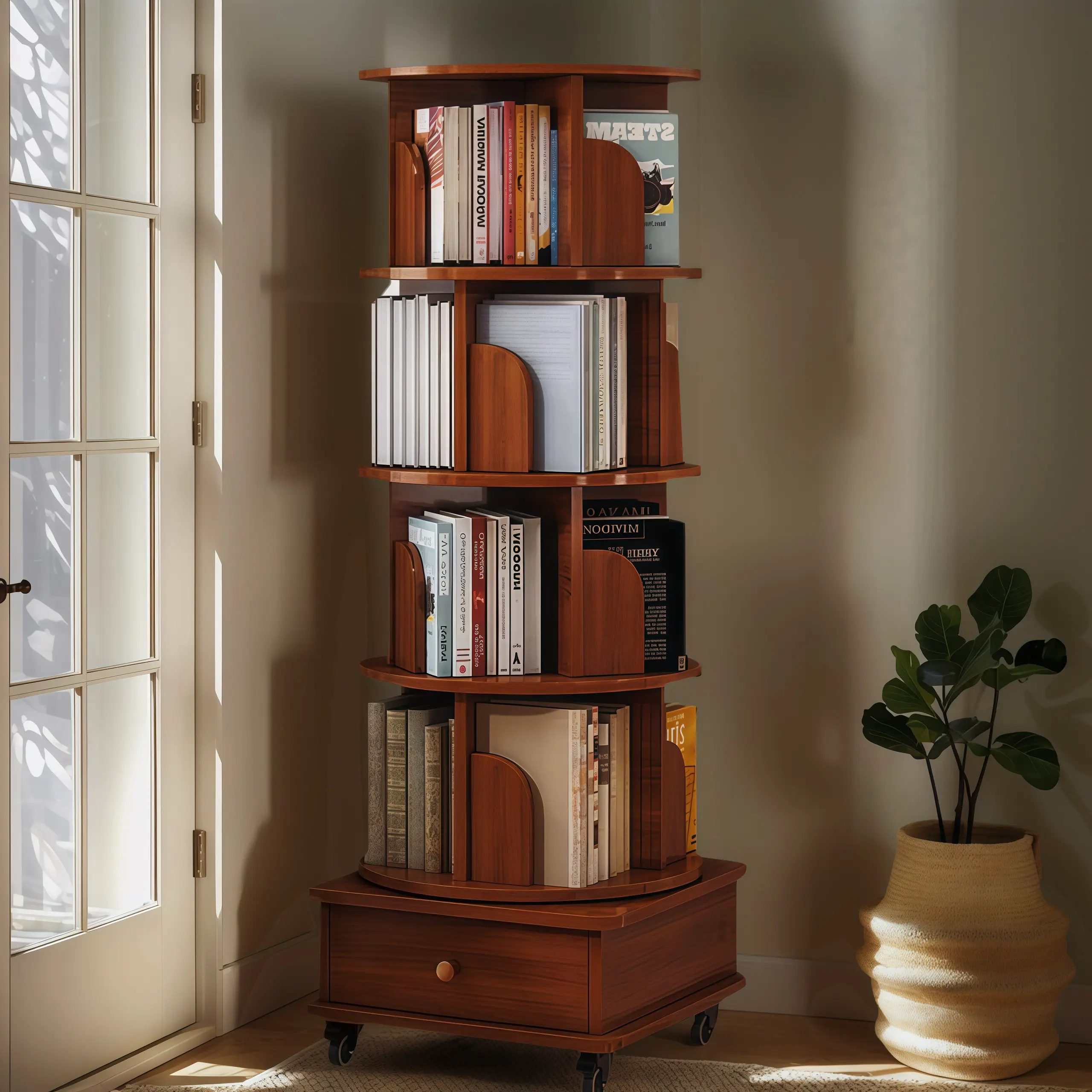 Walnut Rotating Bookshelf with Drawer – 5-Tier Wooden Corner Bookcase, Space-Saving Freestanding Display Rack & Storage Organizer for Bedroom, Living Room, or Study