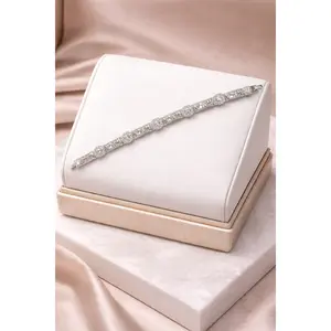 7 3/4” 14k White Gold Plated Greek Key & Halo CZ Bracelet – Luxury Link Design