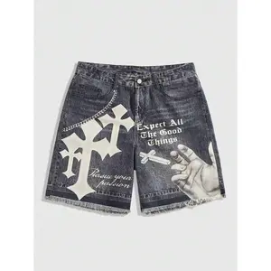 Street Life Summer Casual Graphic Men'S Grunge Punk Chain Pattern Casual Denim Shorts Jorts, Daily Wear