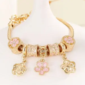 Floral Metal Accessories & Pendant Copper Chain Bracelet with Pink Enamel Charms Elegant Gift for Female Friends