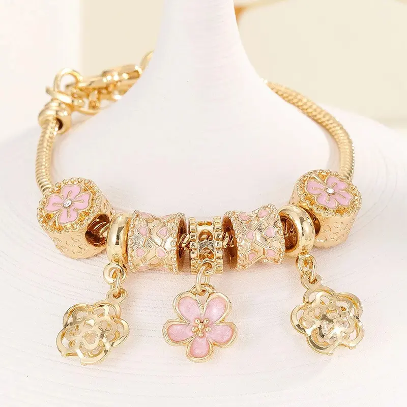Floral Metal Accessories & Pendant Copper Chain Bracelet with Pink Enamel Charms Elegant Gift for Female Friends
