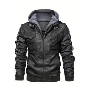 Mens Premium Hooded Leather Jacket Fashionable Biker Multi Pockets Durable Soft Shell Casual Comfort Coat