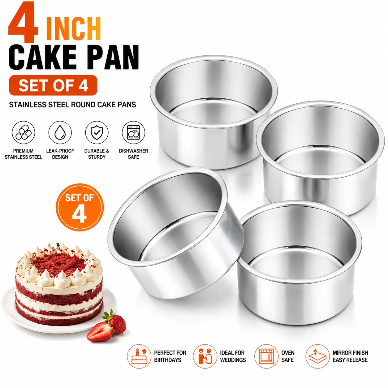 4 Inch Cake Pan Set of 4, Stainless Steel Round Cake Pans Tins | Baking Round Cake Bakeware for Birthday Wedding, Leak-proof & Mirror Finish & Easy Releasing, Dishwasher Safe