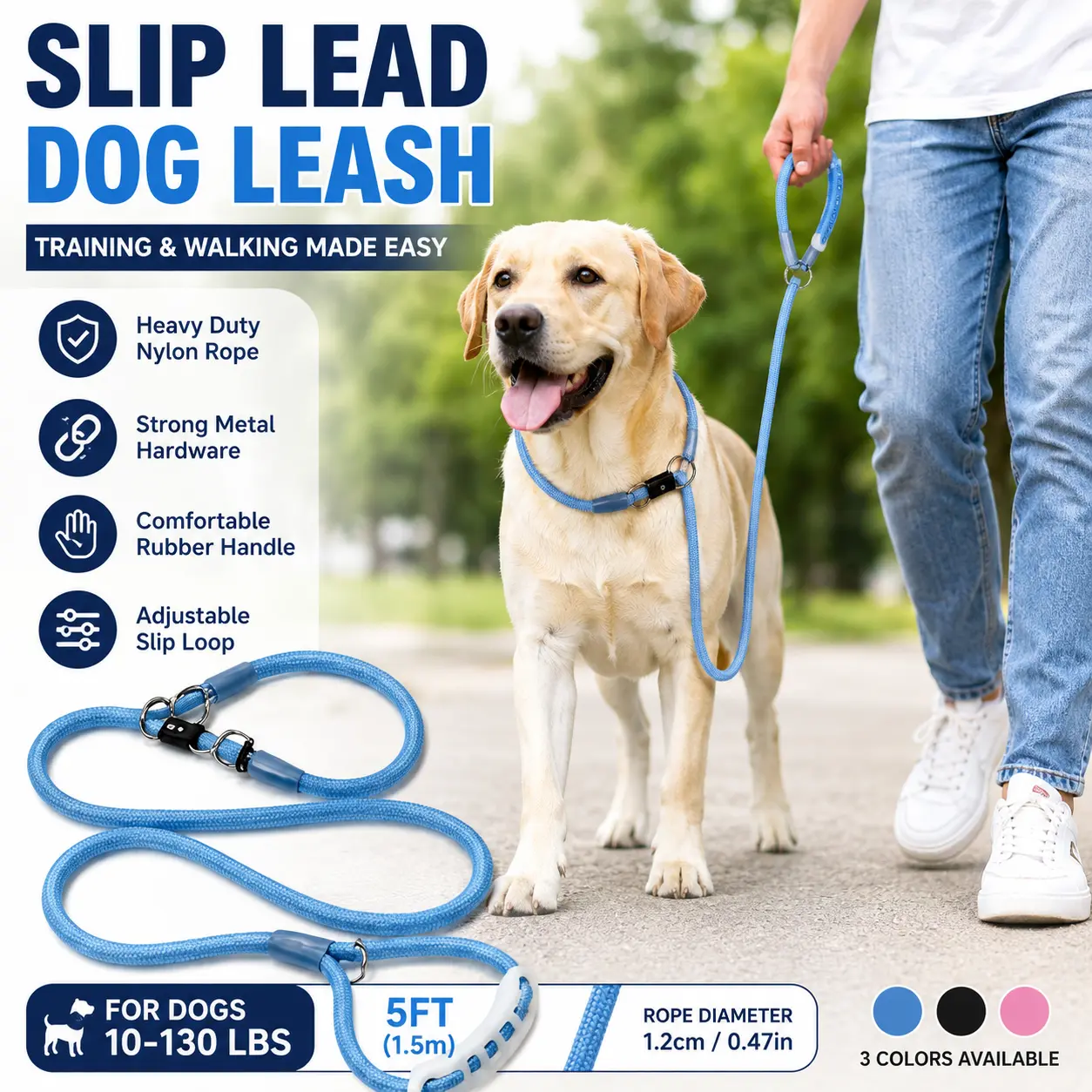 Heavy Duty Slip Lead Dog Leash 5FT Adjustable Rope Leash for Small Medium Large Dogs No Pull Training Walking