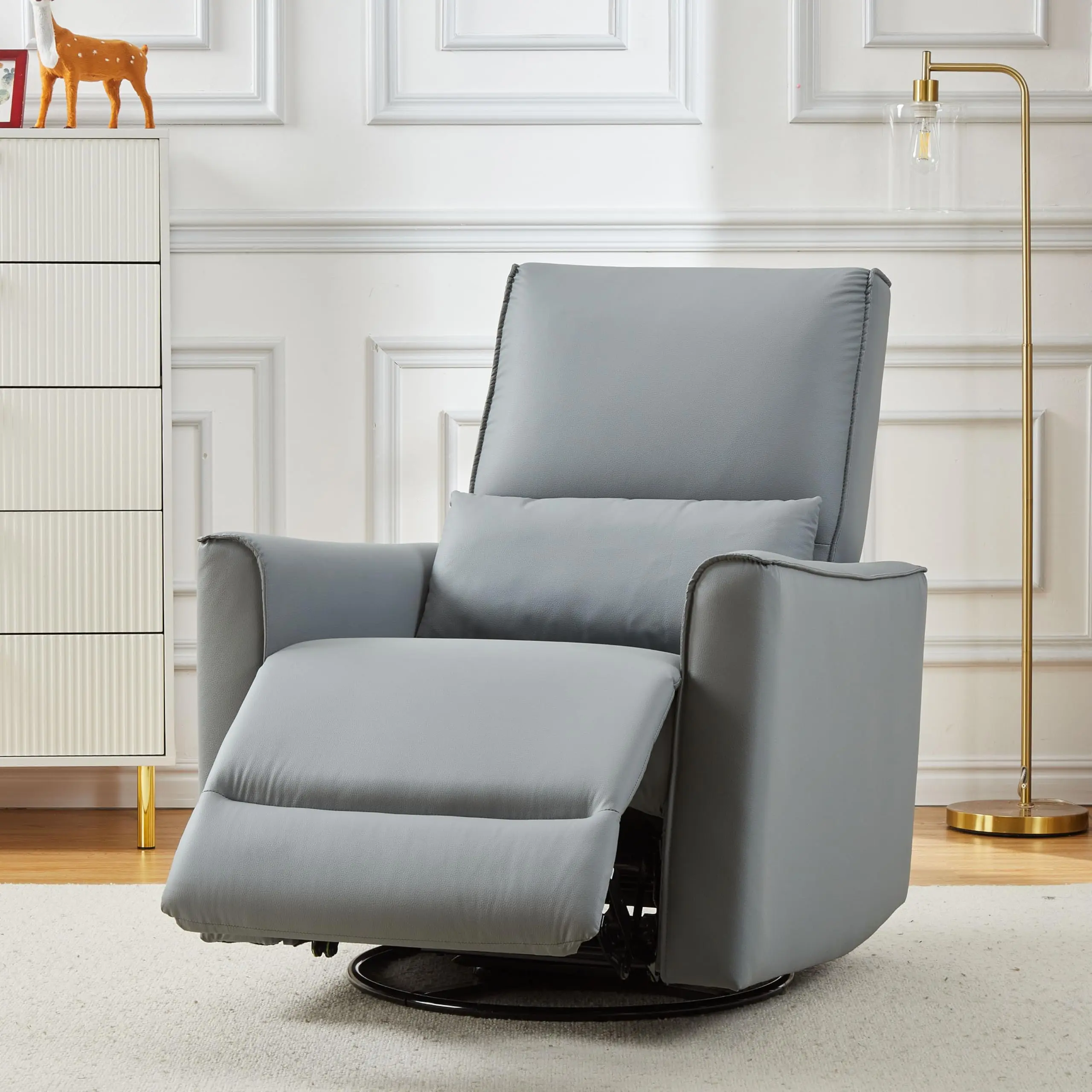 GARVEE PU Leather Recliner Chair: Stylish Rocker with 360° Swivel, Glider Motion, and High Back Design, Perfect for Nursery, Living Room, or Bedroom, Available in Gray and Beige, Deep Seat for Ultimate Comfort.