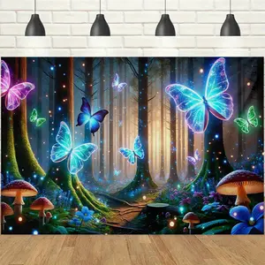 1pc 2D Dreamy Fluorescent Butterfly Forest Banner, Vintage Mushroom & Glow Spot Printed Backdrop, Enchanted Vibe, Ideal for Woodland Parties, Elf-Themed Gatherings, Romantic Celebrations & Indoor/Outdoor Photo Booth Decor