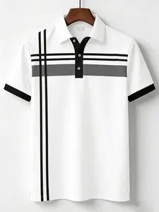 Men's Striped Print Color Block Polo Shirt, Casual Short Sleeve Button Collar Shirt, Summer Tee, Fashion Streetwear for Men Daily Wear        ？ ？ ？