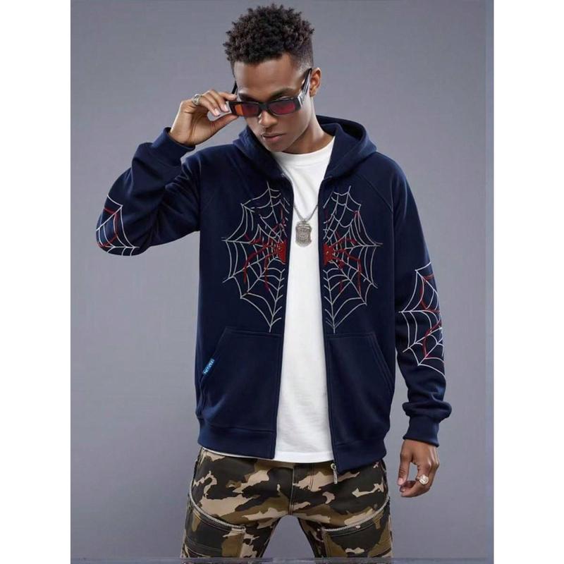 Boys' Spider Web Printed Pattern Hoodie Zipper Cardigan Sweater Hooded Sweatshirt Fleece Printed Casual Outdoor Pocket Sports Pants for Kids Ages 8-16 Years Old B2702