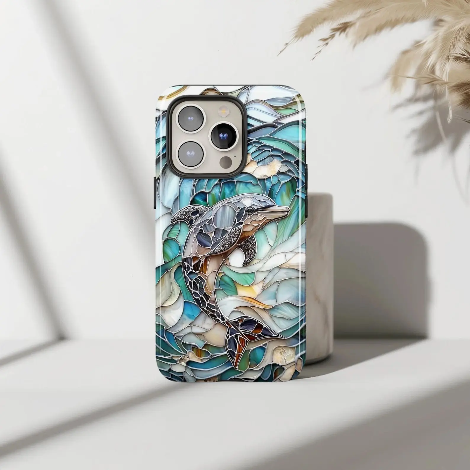 Stained Glass Dolphin Phone Case - Aesthetic Ocean Blue Mosaic Art Cover for iPhone 17 Pro Max Phone Case 17 Air 16E 16 15 Plus 14 13 12 11 X XS Max XR 7 8 Plus Phone Cases,Samsung Galaxy S25 ULTRA Phone Case S21 S22 S23 FE S24 Plus Summer Beach Vibe Gift