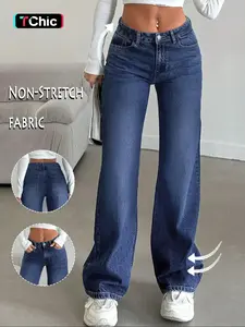 Women's Low Rise Nondistressed Jeans, Street Style Retro Loose Fit Straight Jeans, Fashion Washed Jeans for Daily Wear