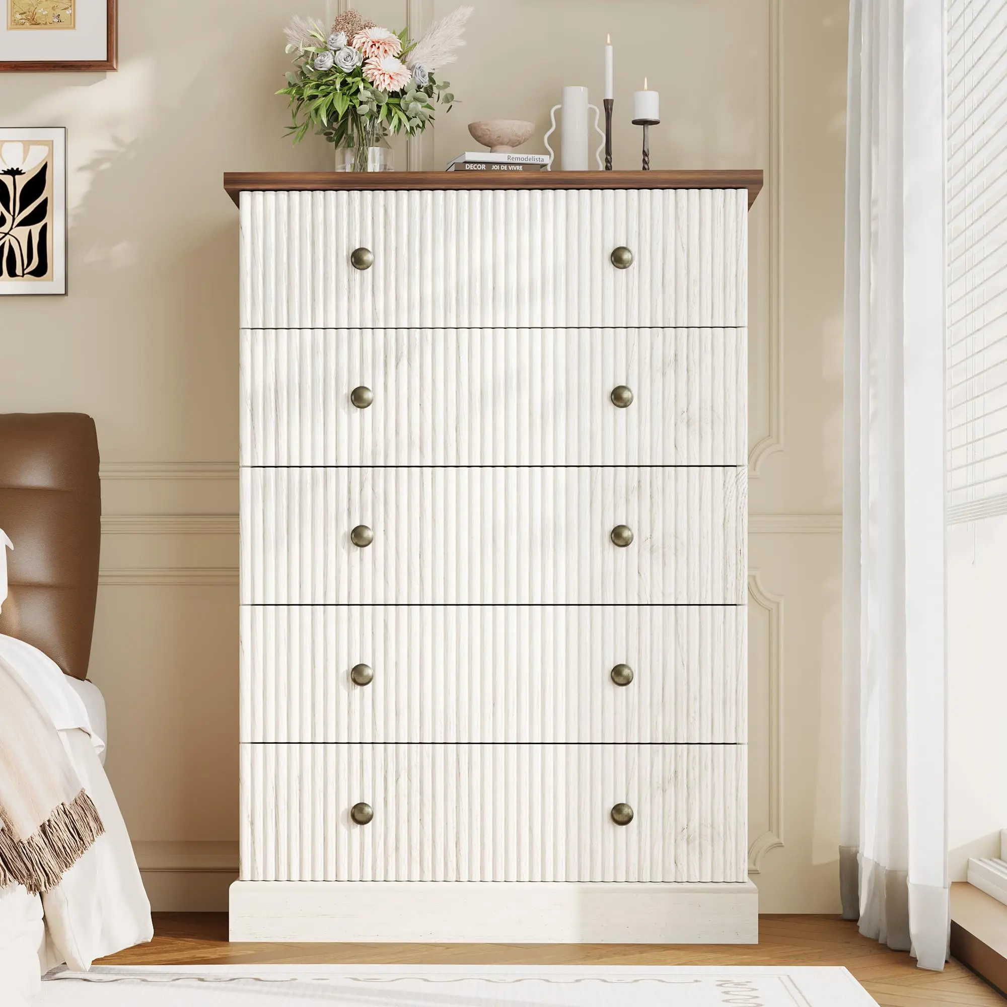 Garvee Modern Storage Drawer Dresser for Bedroom - 5-Drawer Sturdy Vertical Fluted Wood Chest, 15.63"d x 31.5"w x 45.08"h Slim Depth Space-Saving Cabinet, White & Natural, Assembly Required (With Tool), Anti-Tip Setup