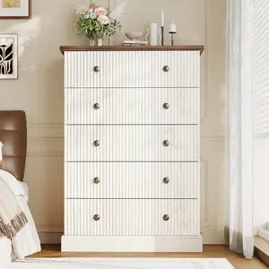Garvee 5 Drawer Dresser for Bedroom, Tall Vertical Chest of Drawers, Fluted Wood Dresser for Clothing Storage in Small Spaces, White & Natural
