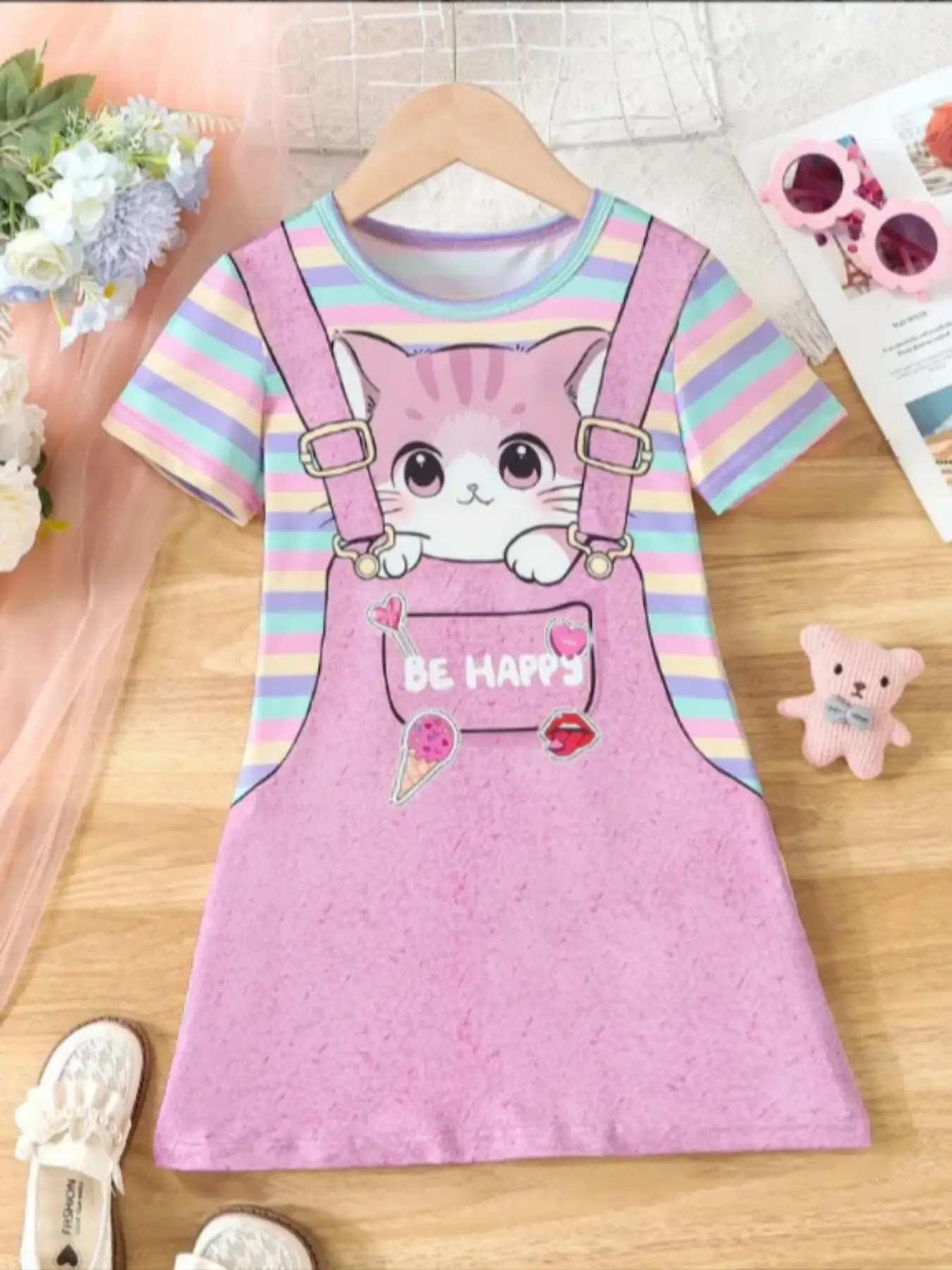 Girl's Cartoon Cat & Striped Print 2 in 1 Tee Dress, Cute Casual Short Sleeve Round Neck Dress for Summer, Kids Clothes for Daily Wear
