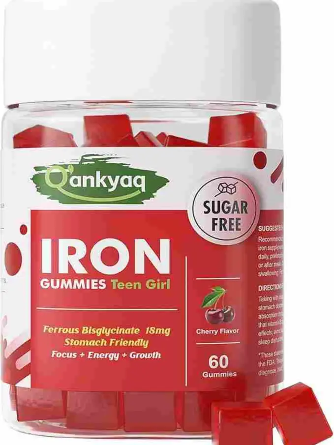 Iron Gummies for Teen Girls, Gentle Iron Ferrous Bisglycinate with Vitamin C, Iron Supplement Plus Folate, Energy & Anemia Support, Chewable, Sugar Free, 60 Gummies
