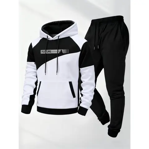 sohochic Tracksuit Set for Men 2 Piece Velvet Casual Streetwear, Hooded Joggers & Sweatpants Outfit with Colorblock Striped Personalized Pattern, 2025 Fashion Trend Sporty Chic Lounge
