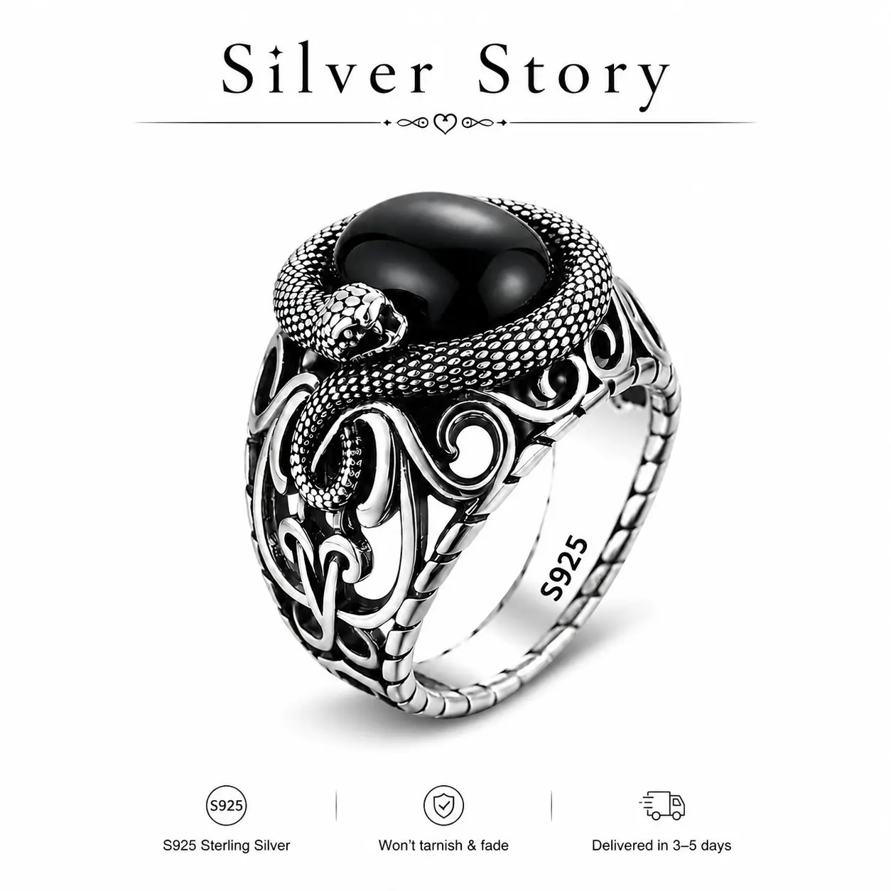 S925 Sterling Silver with Vintage Gothic Snake Ring for Men and Women, Gothic, Punk Style Charm Ring, Dark Aesthetic Ring attractive with Black Synthetic Obsidian, Birthday gift, for Hip Hop punk style Statement Ring Beautiful Rings