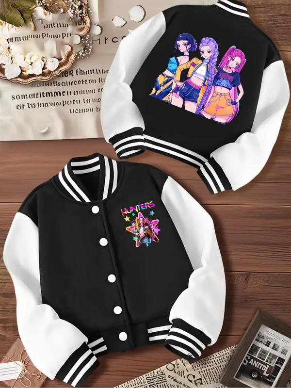 KPOP-Huntress Girl Group Girls Short Baseball Jacket with Cartoon Design, Fitted Activewear for Kids, Elastic Fabric for Fall & Winter, Trendy School Uniform for Halloween KPOP-Huntress Girl Group Girls Short Baseball Jacket with Cartoon Design, Fitted Activewear for Kids, Elastic Fabric for Fall & Winter, Trendy School Uniform for Halloween