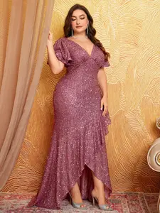 [Plus Size] Glitter Sequins Evening Dress, Elegant Chic V Neck Bell Sleeve Flared Maxi Dress for Party & Banquet, Women's Clothes for All Seasons, Formal Wear, Womenswear