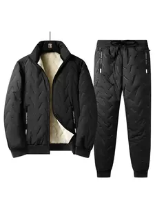 Men's Two-piece Solid Zip-Up Thermal Lined Jacket & Drawstring Waist Pants Set, Regular Fit Casual Long Sleeve Stand Collar Outerwear & Pocket Trousers for Fall & Winter, Men's Clothes for Daily Wear
