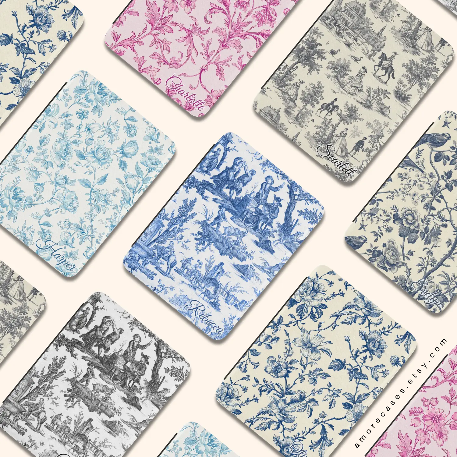 Vintage Toile Kindle Case Personalized Kindle & Reading Tablet Case with Magnetic Closure Stretch Hand Strap for 7" 2024 Paperwhite & Colorsoft Models Black Back