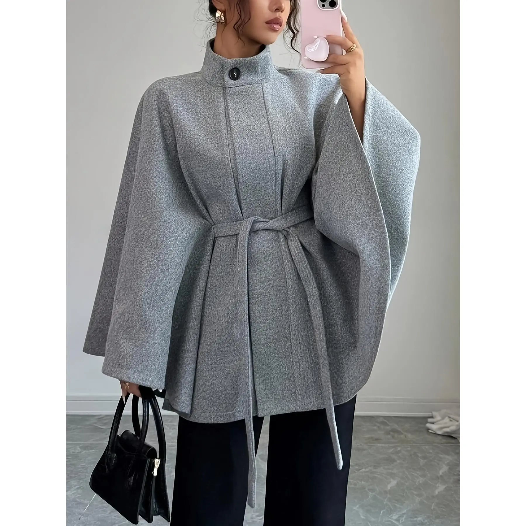 Women's Elegant Batwing Sleeve Cloak Coat, Solid Gray Stand-Up Collar Top with Tie Waist for Festive Fall & Winter Parties, Tops, Fabric, Lady