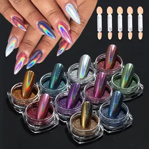 10 Colors Holographic Nail Powder, Holo Aurora Iridescent Metallic Mirror Laser Effect Chrome Pigment Glitter Dust for Salon Home Nail Art DIY Decorations