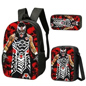 Red Black Wrestler 3-Piece Backpack Set, Bold Championship Fighting Printed Bookbag, Crossbody Bag & Pencil Case, Lightweight Daypack for Commute, Gym, Travel, Daily Use, Edgy Ring Style Bag for Young Adults, Unique Gift
