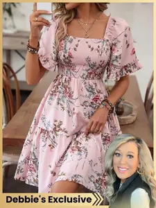 2026 Spring Summer Vacation Flower Print Shirred Dress, Short Sleeve Slim-Fitting Boho Style Bohemian for All Seasons, Elegant Floral Dress