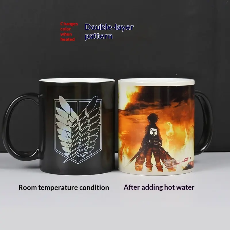MAGIC Heat Reveal!Attack on Titan Double Layer Color Changing Mug – Titans Emerge When Hot Ceramic Printed Drinkware Cup skull Creative Mugs Gift Mug