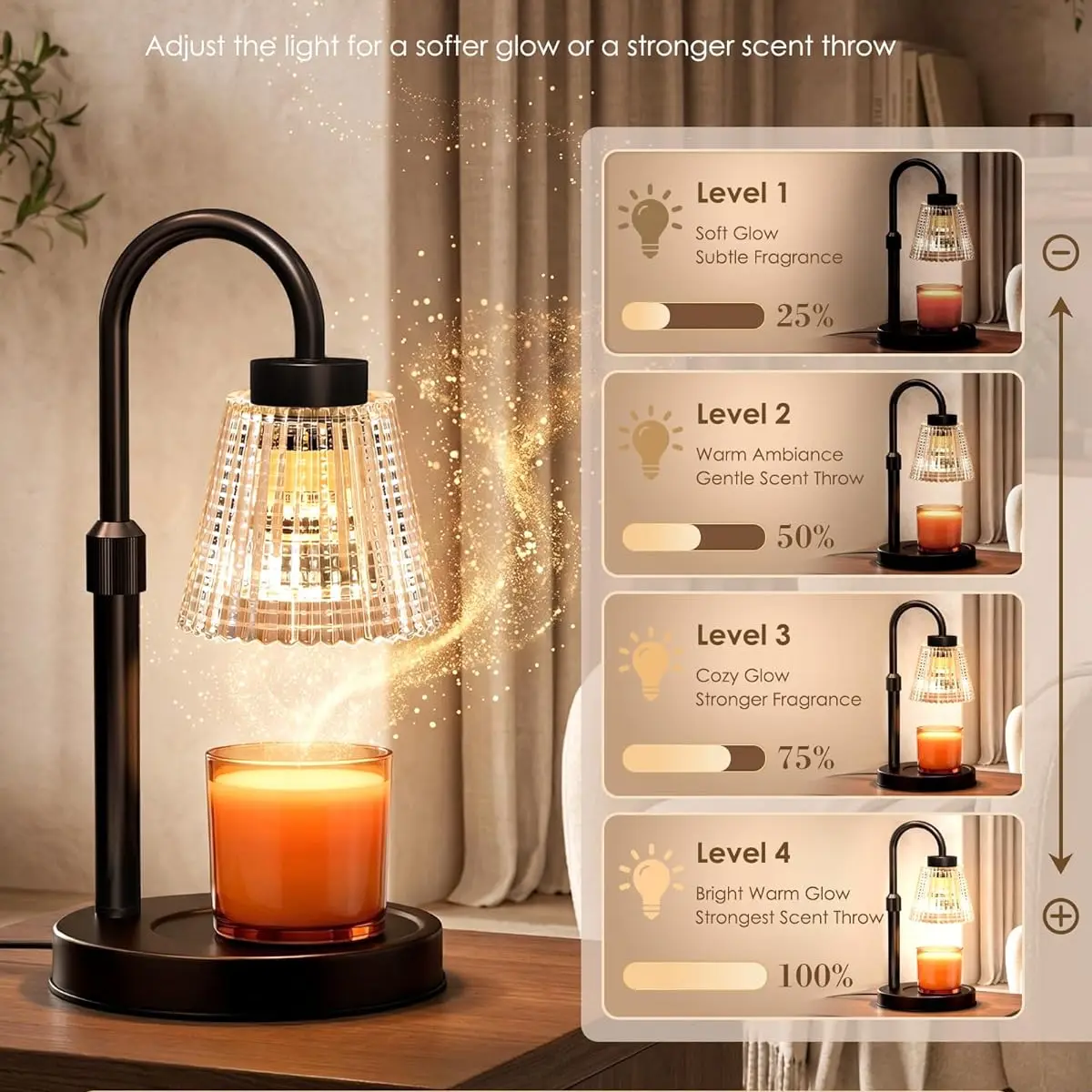 Timed wax melting lamp with 4-level / stepless dimming, height-adjustable candle warmer lamp. Made of premium metal, fits most candle sizes perfectly. Ideal home decor, great gift for Mother’s Day and ladies’ birthdays. Comes with 2 replacement bulbs