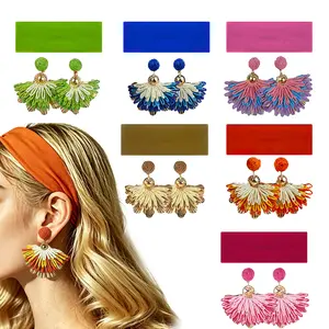 Bohemian Raffia Hair Band and Earring Set for Women, 1 Pack Simple Headband with 1 Pair Handmade Woven Dangle Earrings, Lightweight Hypoallergenic Summer Accessories for Vacation Daily Wear