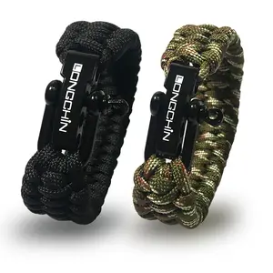 LONGCHIN Paracord Survival Bracelet with Stainless Steel Bow Shackle Connection 3 Holes Adjustable Length for Hiking Camping Emergency 2-Pack Two Colors Black+Camouflage