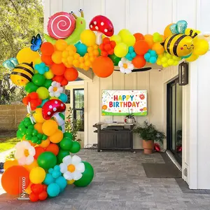 Spring Balloons Arch Garland Kit, 136Pcs Green Orange Yellow Balloons with Bee Daisy Mushroom Snail Foil Balloons for Spring Birthday Party Baby Shower Decorations