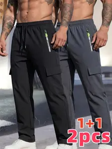 2-pack men’s casual outdoor fashion cargo pants with drawstring waist design; solid color retro versatile long pants with zipper and contrasting color accents