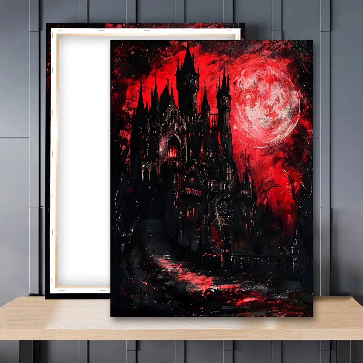 1pc Wooden Framed, Gothic Vampire Castle by the Blood Moon Vintage Poster, Art Poster Print Canvas, Dark Academia Painting, Gothic Home Decor Gift, Artistic, Home Wall Art