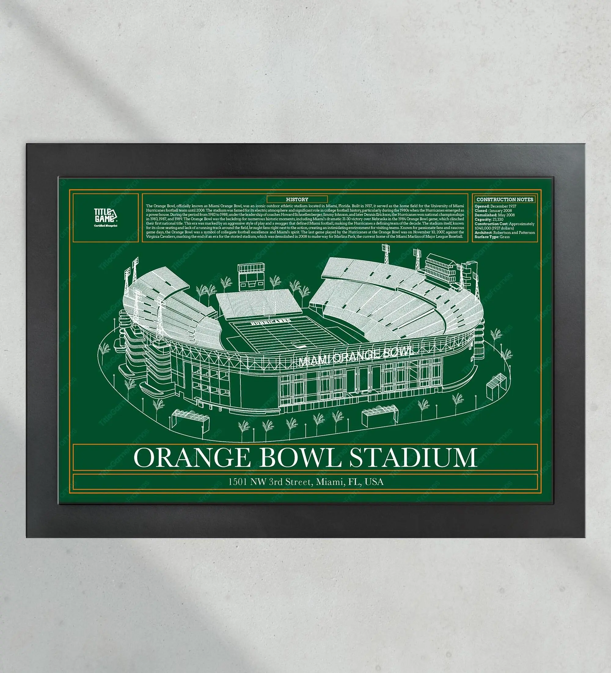 Miami Football Orange Bowl Stadium Blueprint (1937-2008) Home of the Hurricanes