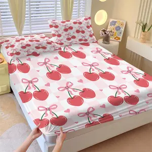 🎀3Pcs Coquette Cherry Bow Checkered Fitted Sheet Set, Cute Pink Heart Print Bed Sheet Set, Deep Pocket Soft Bedding Set for Girls Teens Bedroom Dorm Decor, Mattress Cover with Pillowcases No Fillers