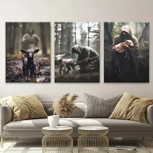 3-piece wooden frame wall art, "Christ Will Deliver the Lamb" canvas poster aesthetic canvas print wall painting, creative art design, decoration for living room, bedroom, office, ideal gift for Easter and April Fool's Day