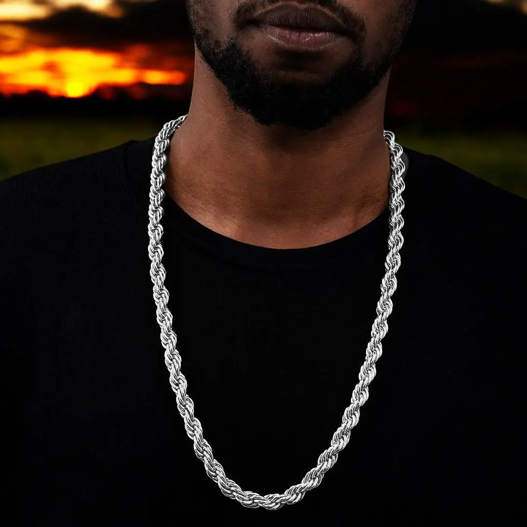 MaxBling81 Men's Bold 90's Hip Hop Style 14K Silver-Plated Thick Rope Chain Necklace, Chain & Link Design, Multiple Lengths (8-12mm; 24", 30", 36") for Daily Wear, Long Option Available