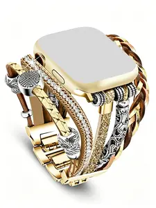 Luxury Leather Apple Watch Band, Bohemian Style Multi-Layer Wrap Strap, Adjustable Metal Band, Compatible with Various Models