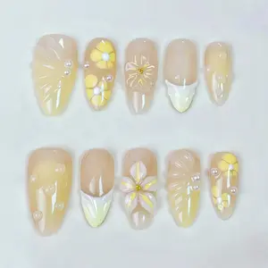T104 Handcrafted 3D flower-shaped wearable nails, almond-shaped French Tip fake nails, detachable wearable press on nails