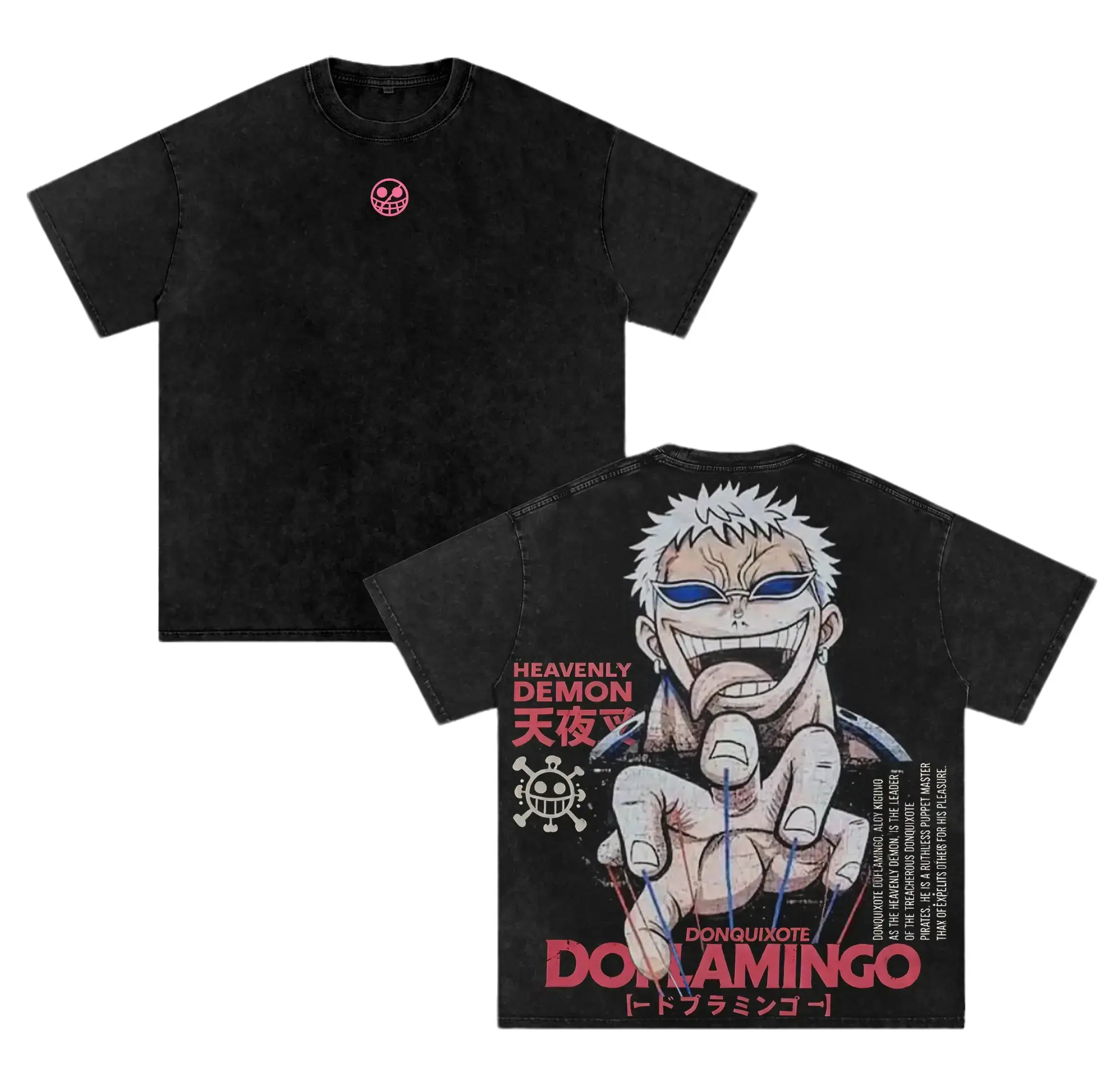 One Piece Donquixote Doflamingo Vintage Washed T-Shirt - Double Sided Graphic Anime Tee, Unisex Heavyweight Cotton Oversized Streetwear, Retro Manga Aesthetic Apparel, Unique Villain Merch, Boxy Fit Casual Fashion Gift