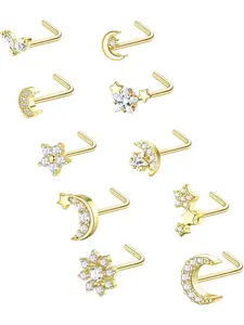 10Pcs Nose Rings Stud 20G Nose Studs L Shaped for Women Moon Flower Nose Stud Cute Nose Rings Body Piercings for Nose Nostril Jewelry Silver Rose Gold Tone