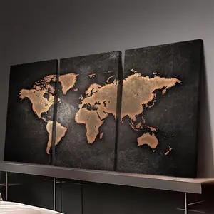 3 Panel World Map – Vintage Bronze Style Wall Art, Minimalist Geography Triptych, Travel Office Decor Gift