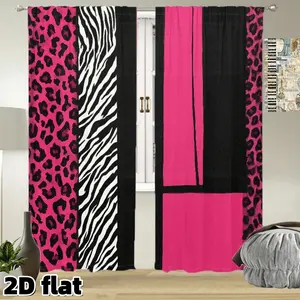 2D Flat 2Pcs Leopard Zebra Print Curtains Hot Pink Black White Striped Pattern Rod Pocket Panels Modern Animal Design Polyester Fabric Semi Sunshade Interior Decoration Accessories for Living Room Bedroom Balcony Window Treatment Decor